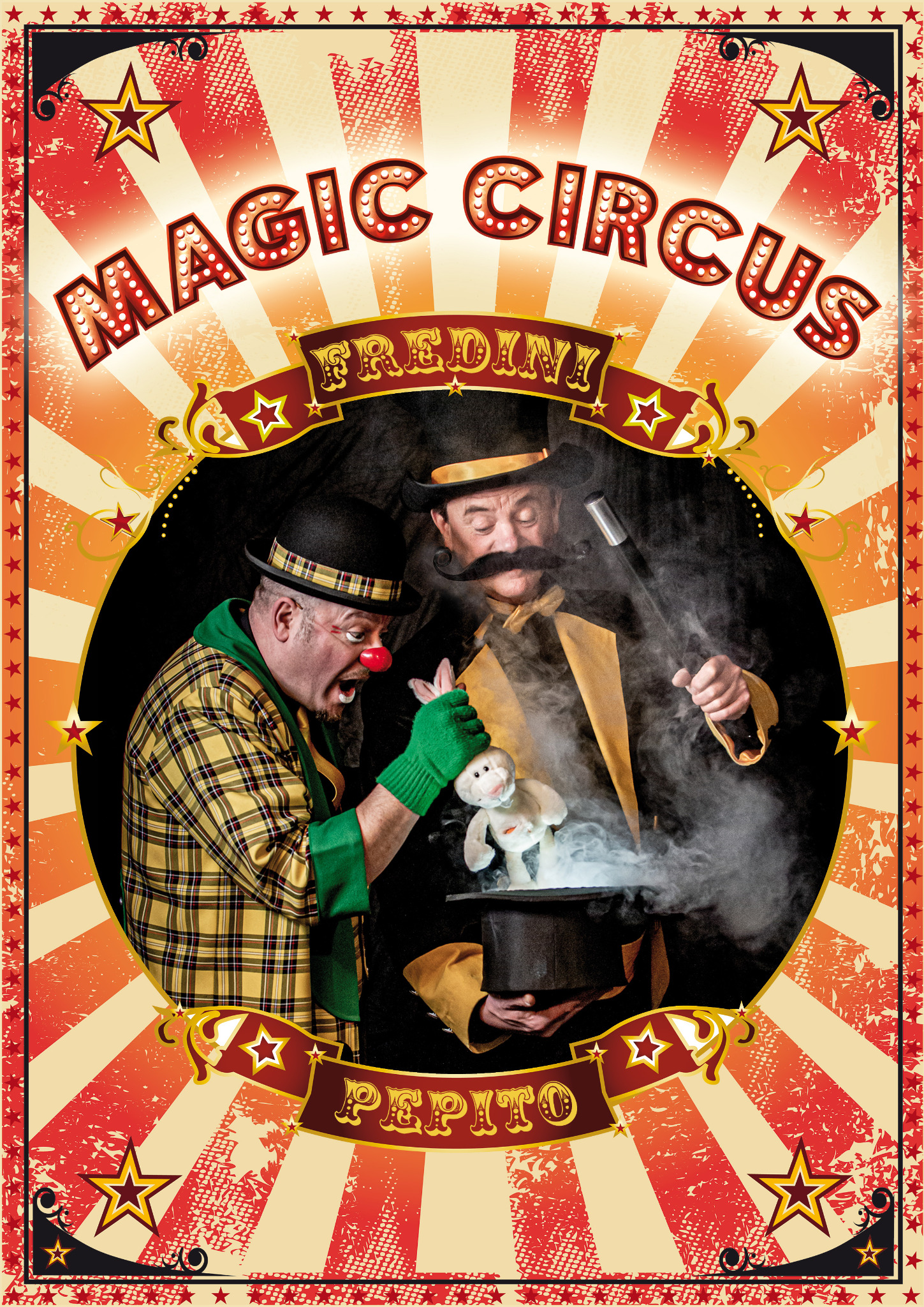 Affiche Magic Circus avec Fredini, Pépito et un lapin sortant d’un chapeau, dans un décor de cirque rouge et or.